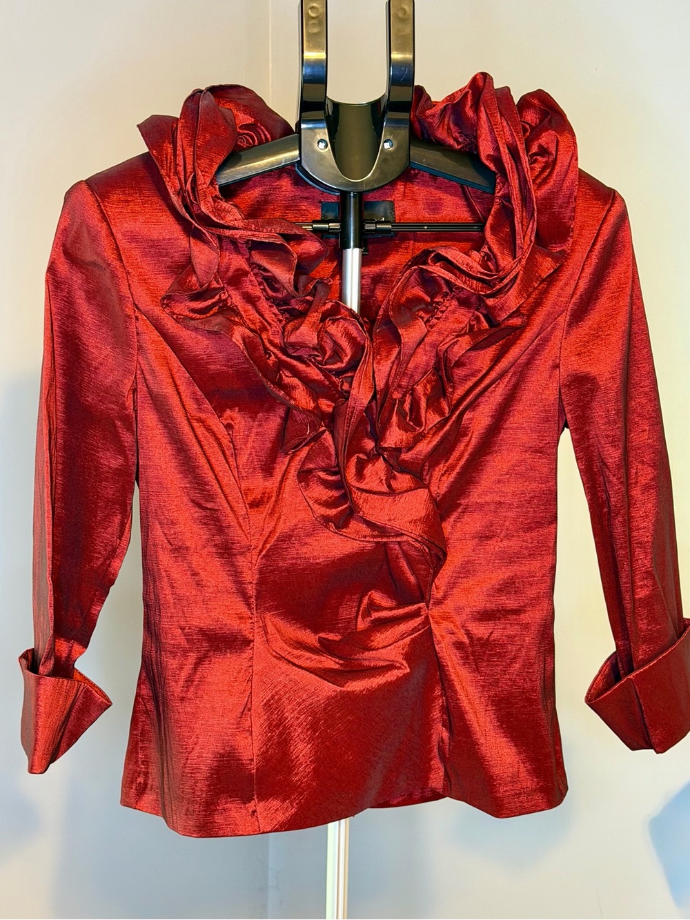 connected apparel Shimmering Wine Ruffle Satin Blouse